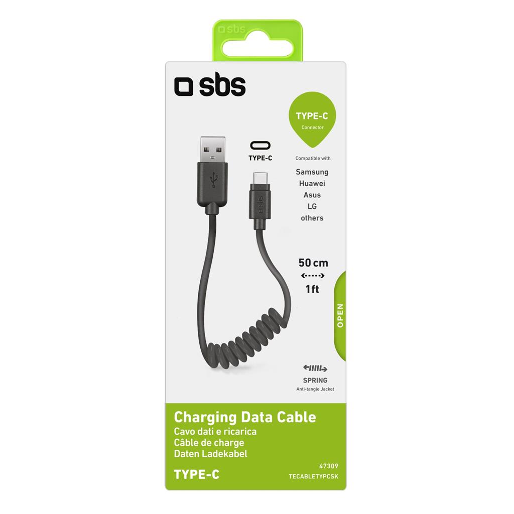 SBS Power and Data Spring Cable USB 2.0/Type C 0,5m black