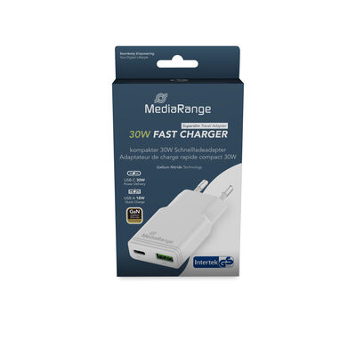 MediaRange 30W GaN Fast Charger EU USB-C + USB-A PD/QC white