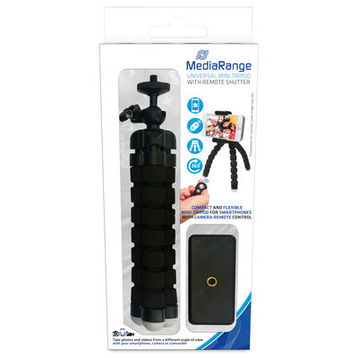 MediaRange Universal Mini-Stativ mit flexiblen Beinen und Bluetooth-Fernauslöser, schwarz