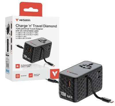Verbatim Charge ’n’ Travel 70W 2C retractable Universal Travel Adapter black