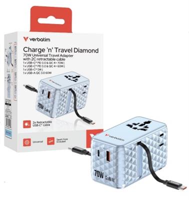 Verbatim Charge ’n’ Travel 70W 2C retractable Universal Travel Adapter blue