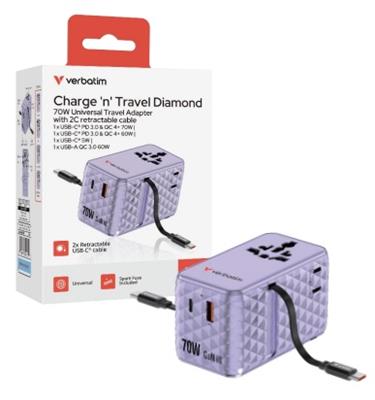 Verbatim Charge ’n’ Travel 70W 2C retractable Universal Travel Adapter purple