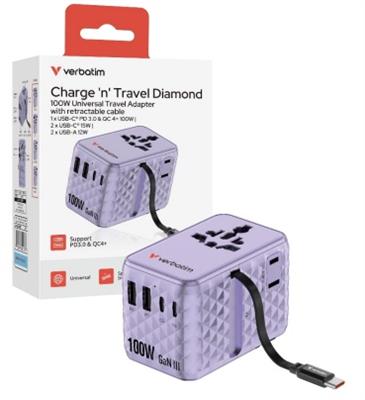 Verbatim Charge 'n' Travel 100W Universal Travel Adapter with retractable cable purple