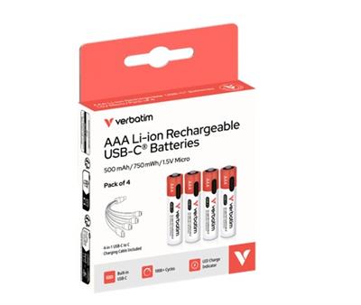 Verbatim AAA USB-C Rechargeable Battery (Pack of 4)