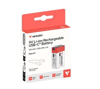 Verbatim 9V USB-C Rechargeable Battery (Pack of 1)