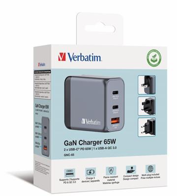 Verbatim GNC-65 GaN Charger 3 Port 65W USB A/C