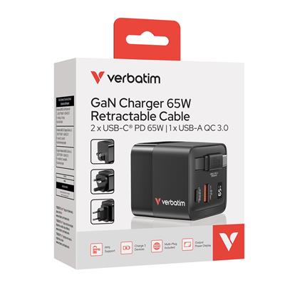Verbatim GaN Charger 65W Retractable Cable