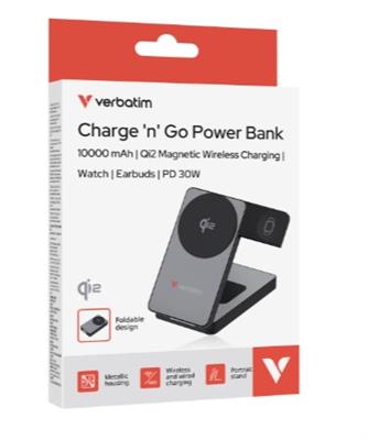 Verbatim Charge 'n' Go Qi2 Magnetic Wireless Power Bank 10000 mAh Grey